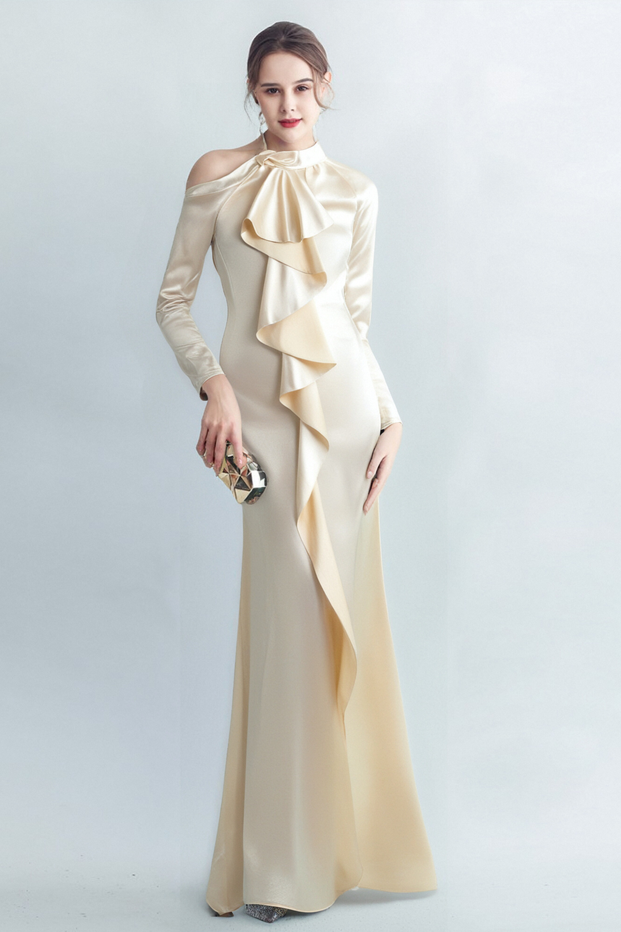 RAE CHAMPAGNE ONE-SHOULDER RUFFLE EMBELLISHED MAXI DRESS