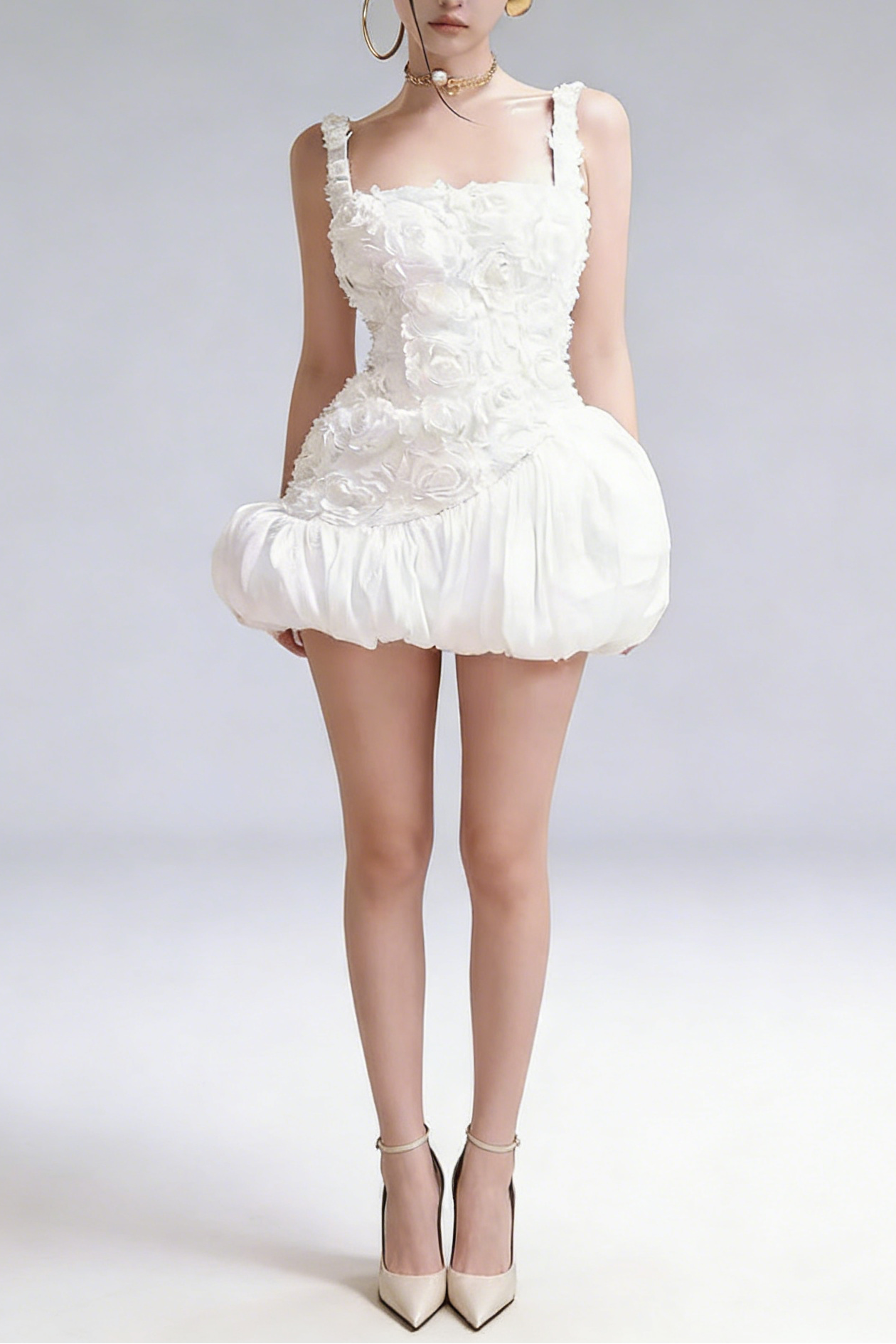 jocelyn flower embellished puffy mini dress in white