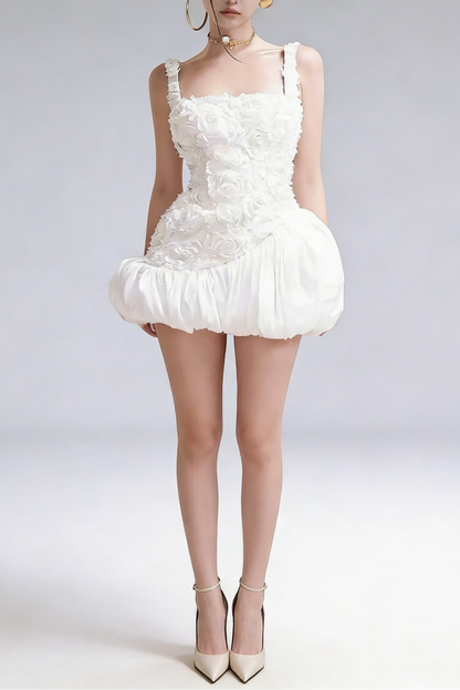 jocelyn flower embellished puffy mini dress in white