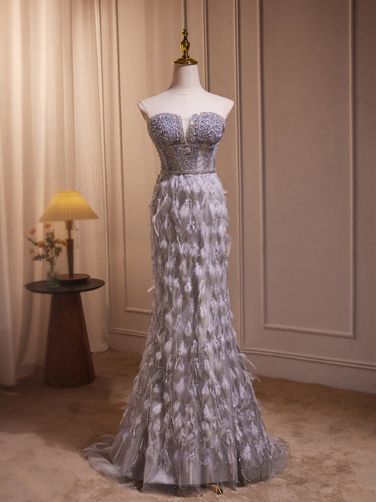 Embellished Neck Mermaid Gray Prom Dress