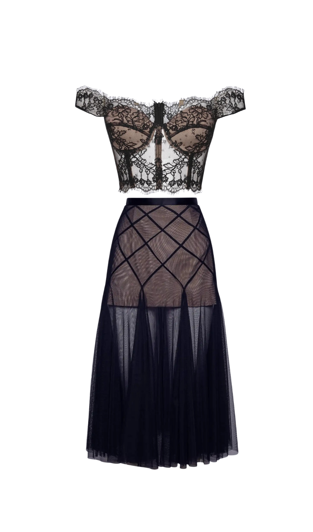 floral dentelle off-shoulder bustier corset net skirt set