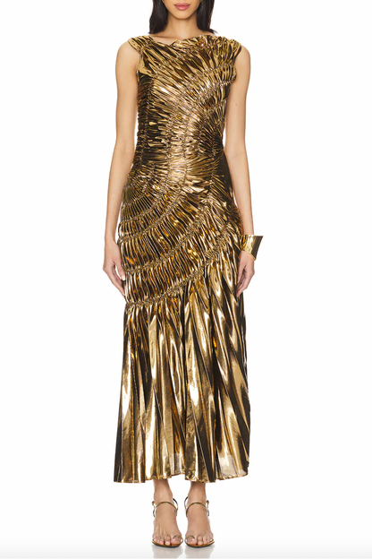 jennifer Hot stamping pleated sleeveless maxi dress