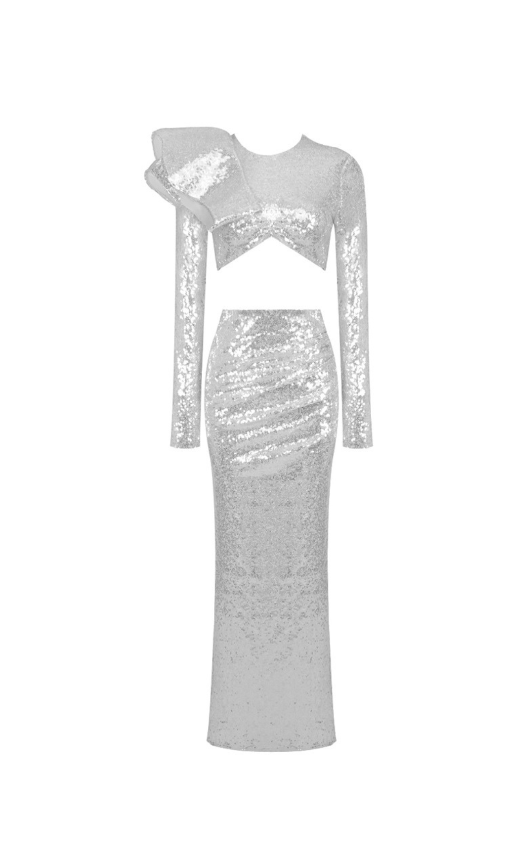 crop top drape skirt set in silver
