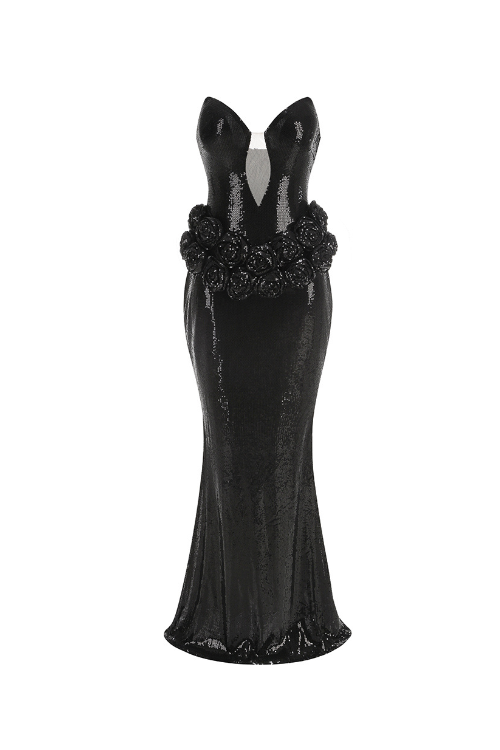 abito lungo da ballo con paillettes e spalle scoperte Vivien in nero