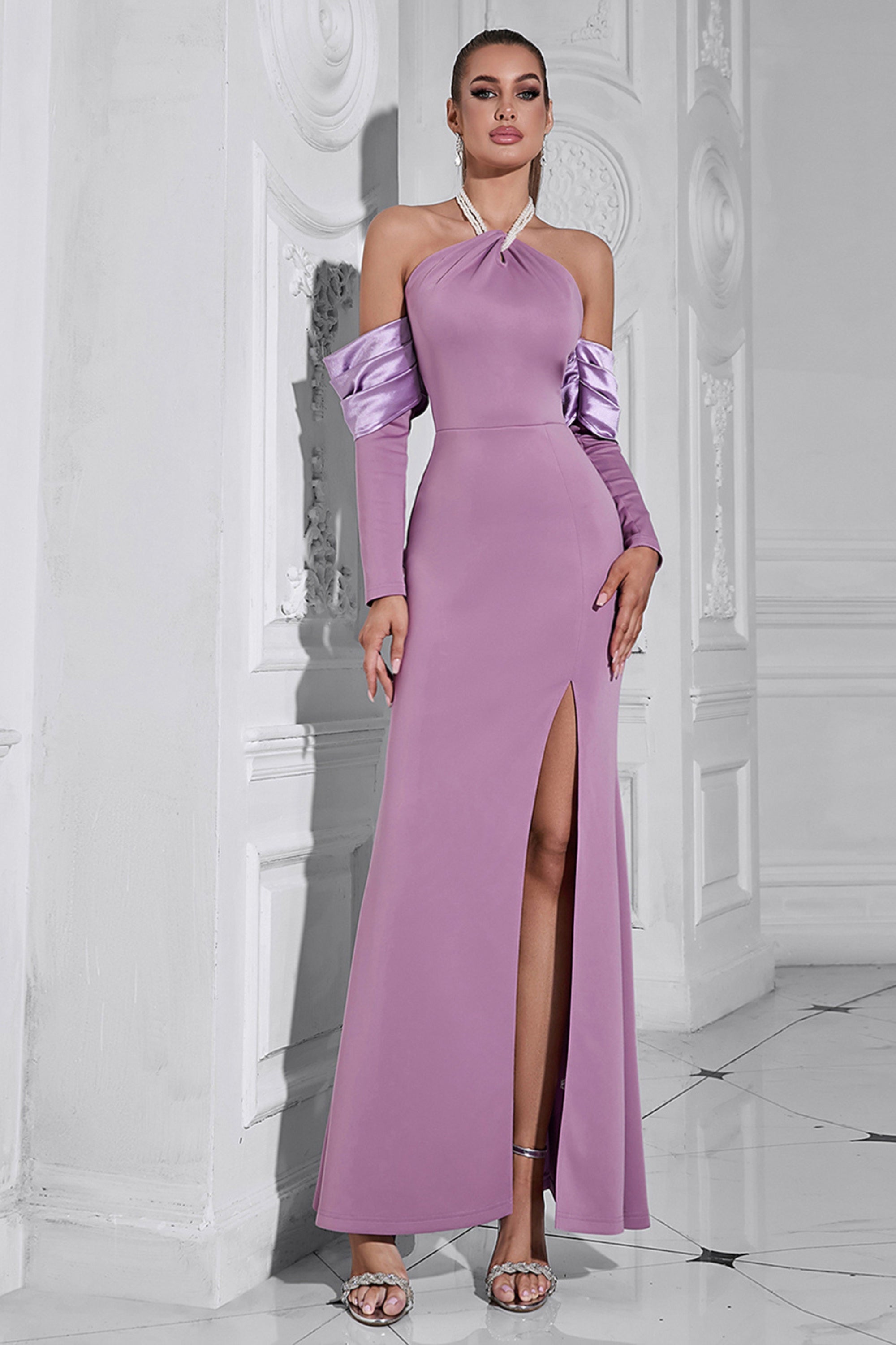 Pearl halter split maxi dress in purple
