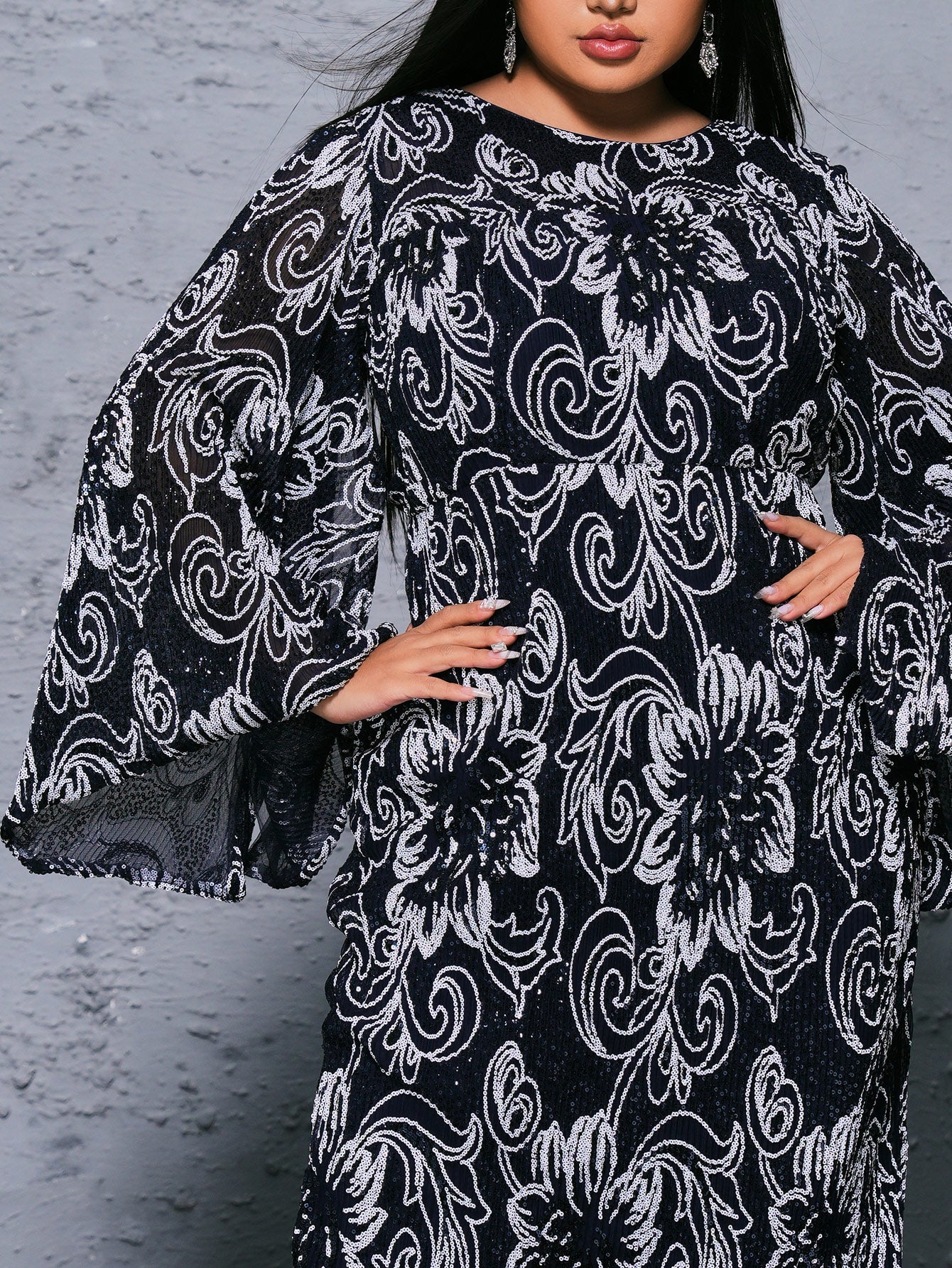 Plus Flared Sleeve Printed Split Dress
