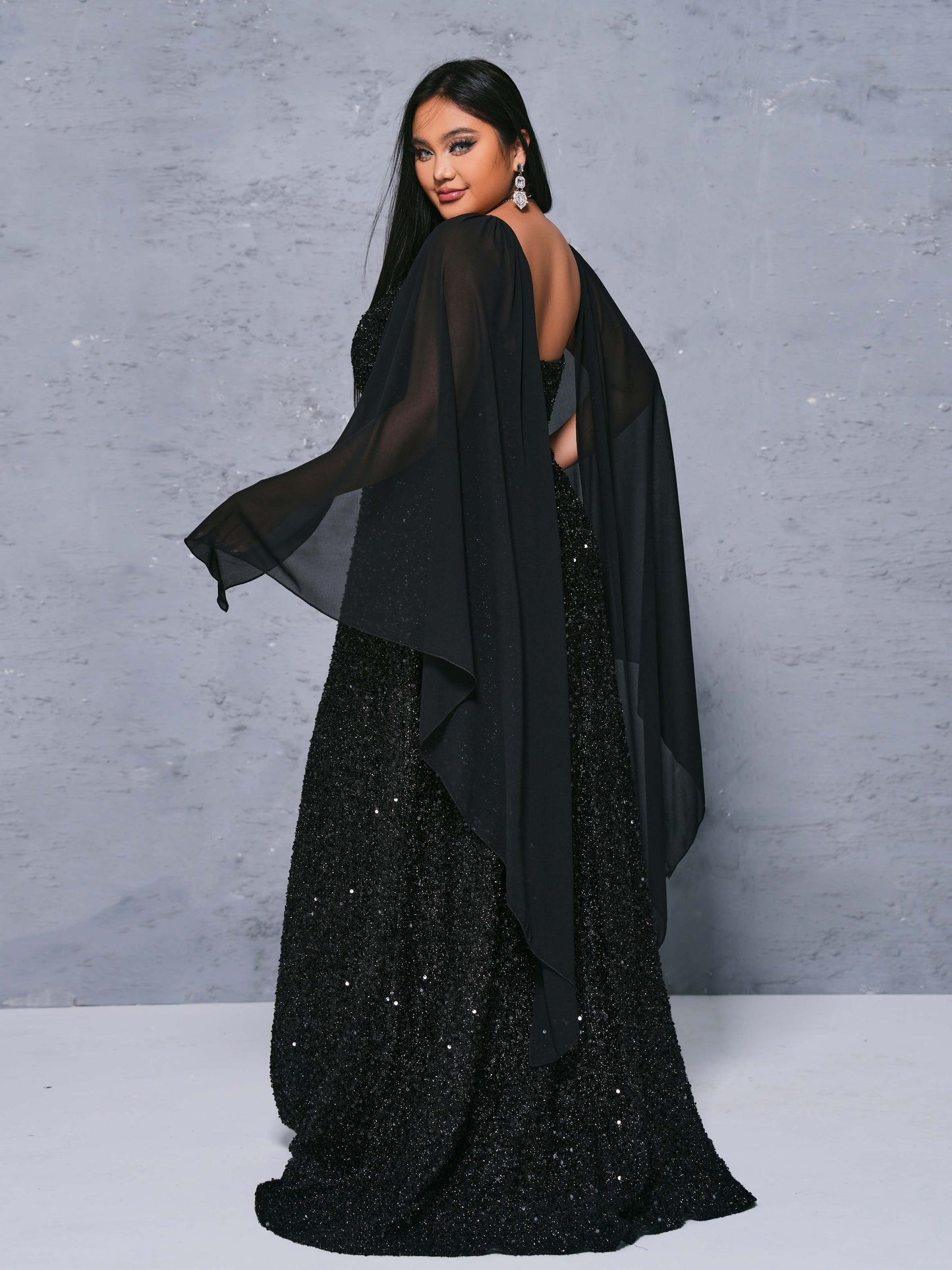 Plus Cape Spaghetti Strap Sequin Dress