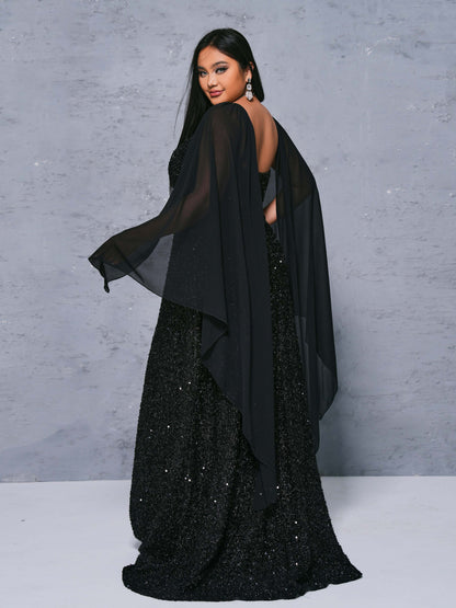 Plus Cape Spaghetti Strap Sequin Dress