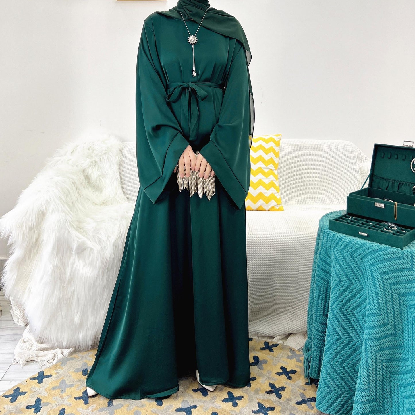 Satin Solid Color Abaya with Zip Pockets