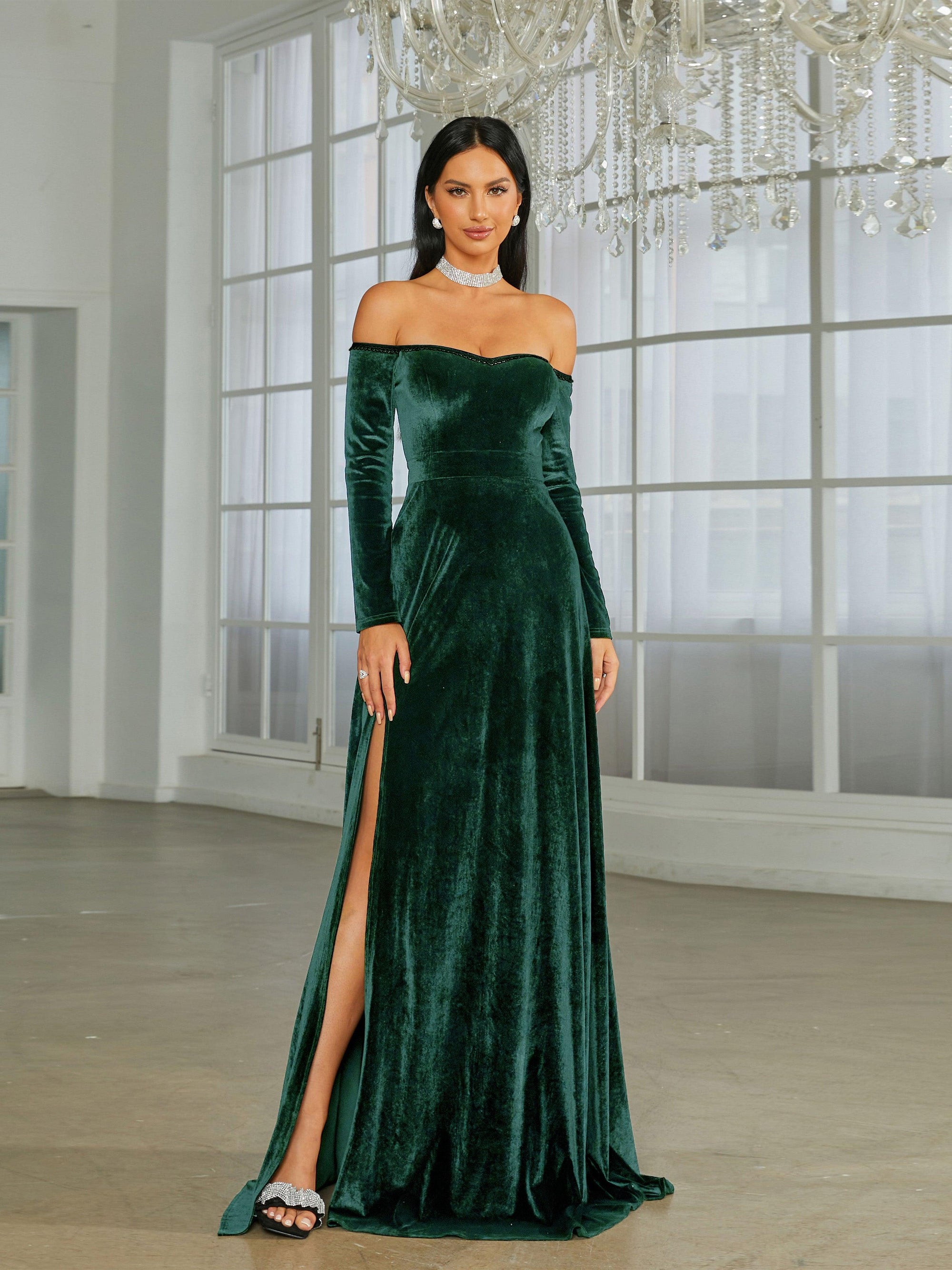 Off Shoulder Split Black Velvet Evening Dress