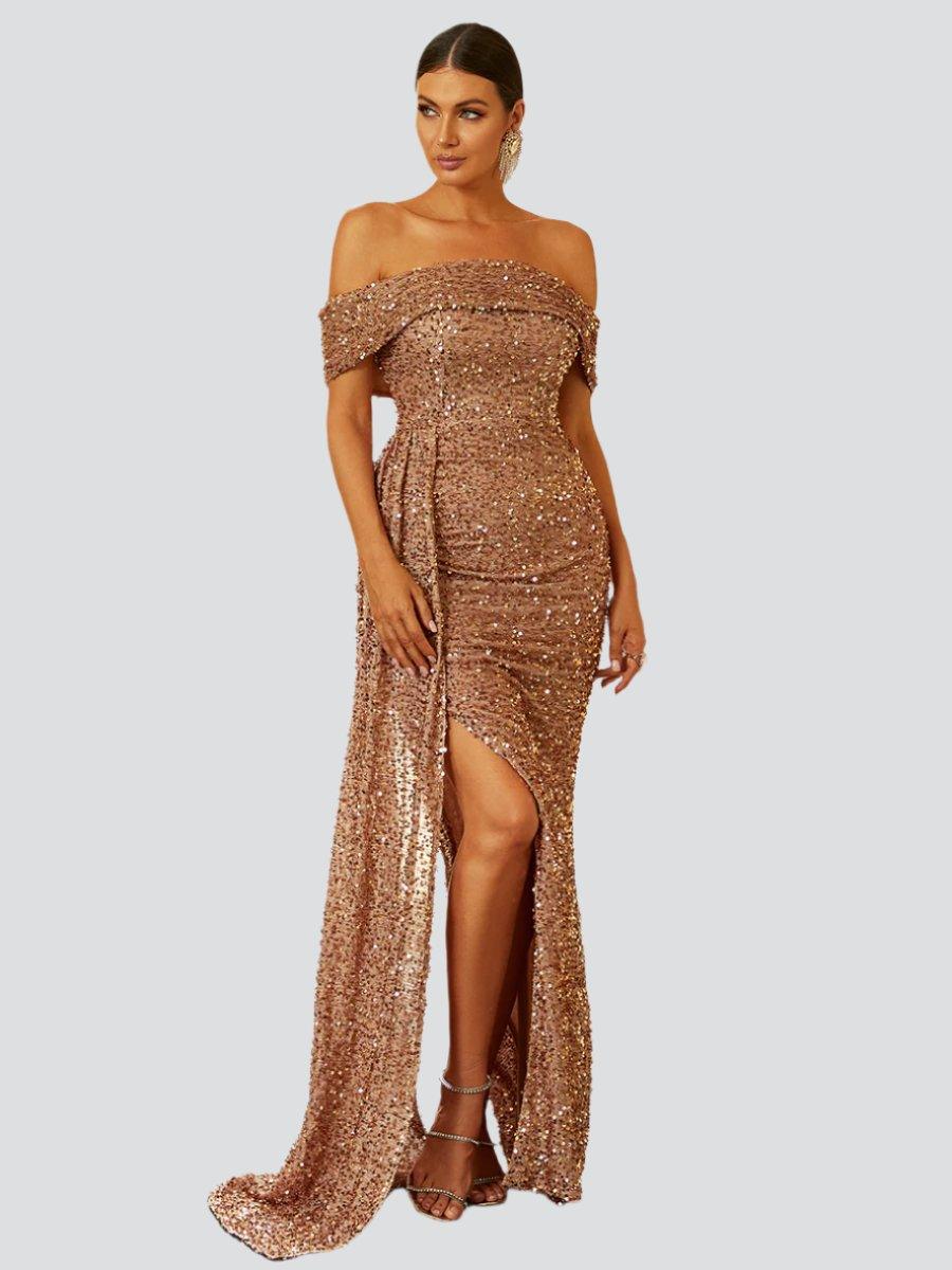 Off Shoulder Sequin High Split Prom Dress
