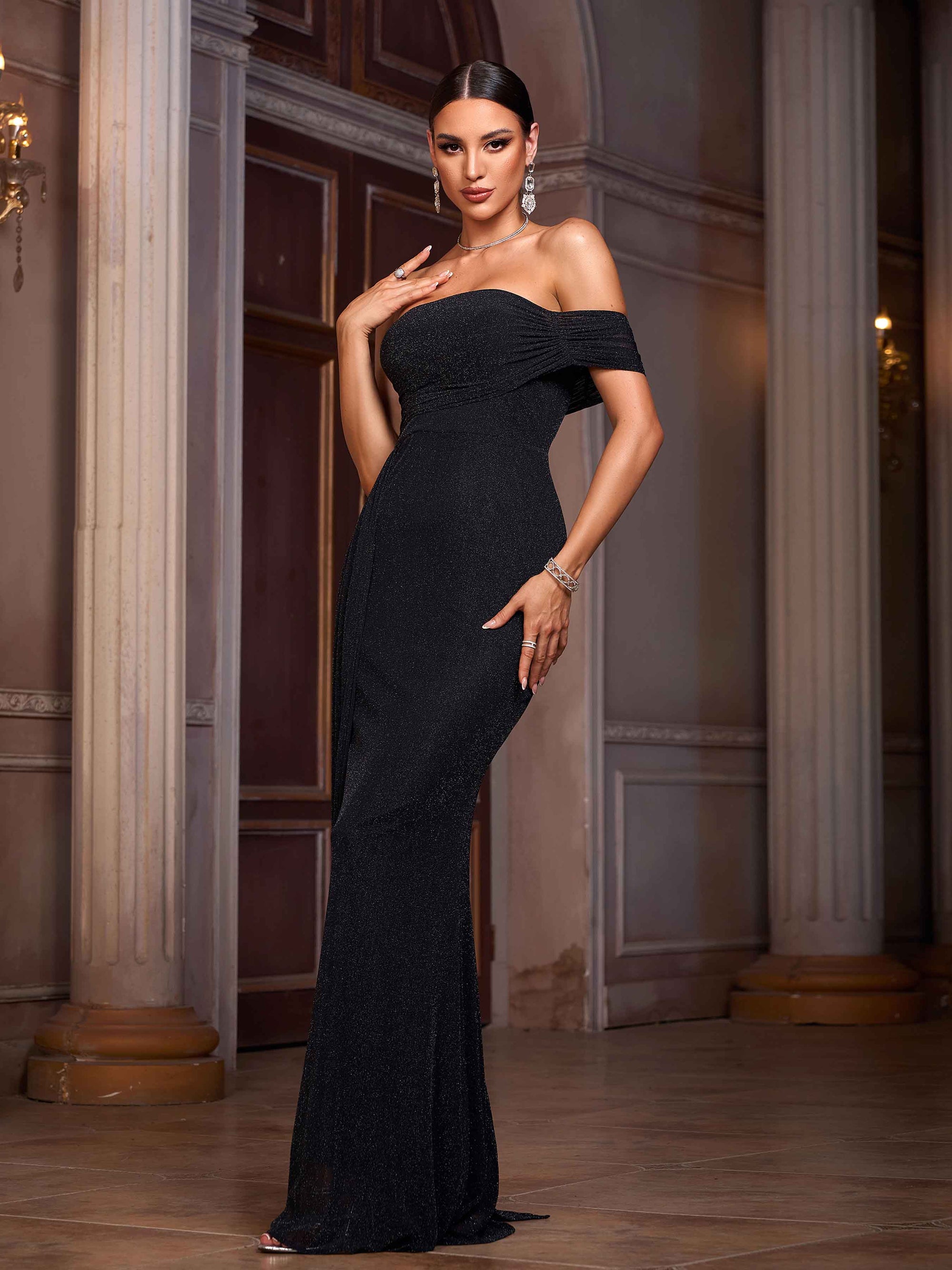 Black Off Shoulder Draped Stretchy Prom Dress