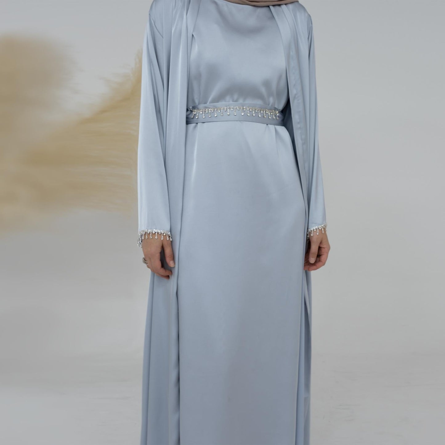 4pcs Set Cardigan+without  Sleeves Inner Dress+Crystal Chain+Hijab