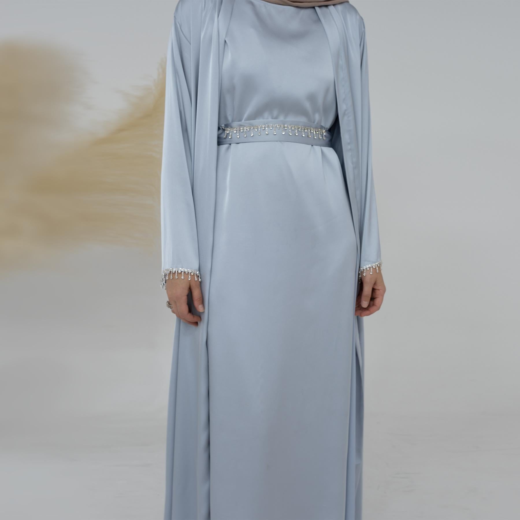 4pcs Set Cardigan+without  Sleeves Inner Dress+Crystal Chain+Hijab