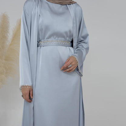 4pcs Set Cardigan+without  Sleeves Inner Dress+Crystal Chain+Hijab