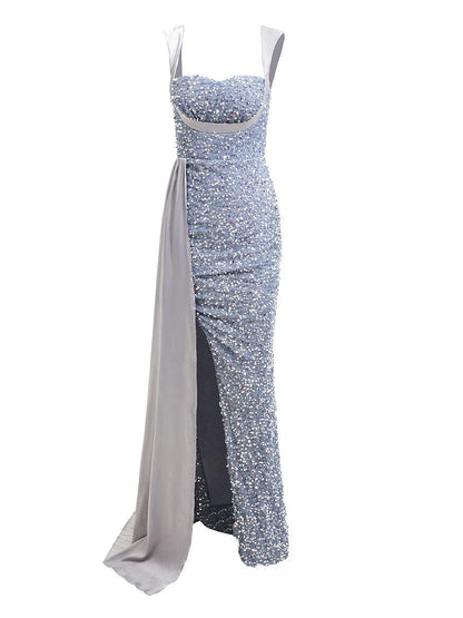 Ribbon Corset Sequin Maxi Prom Dress