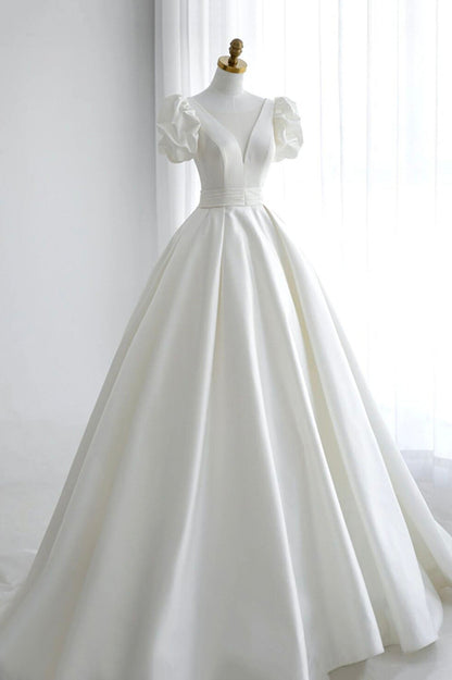 White V-Neck Satin A-Line Short Sleeve Dress