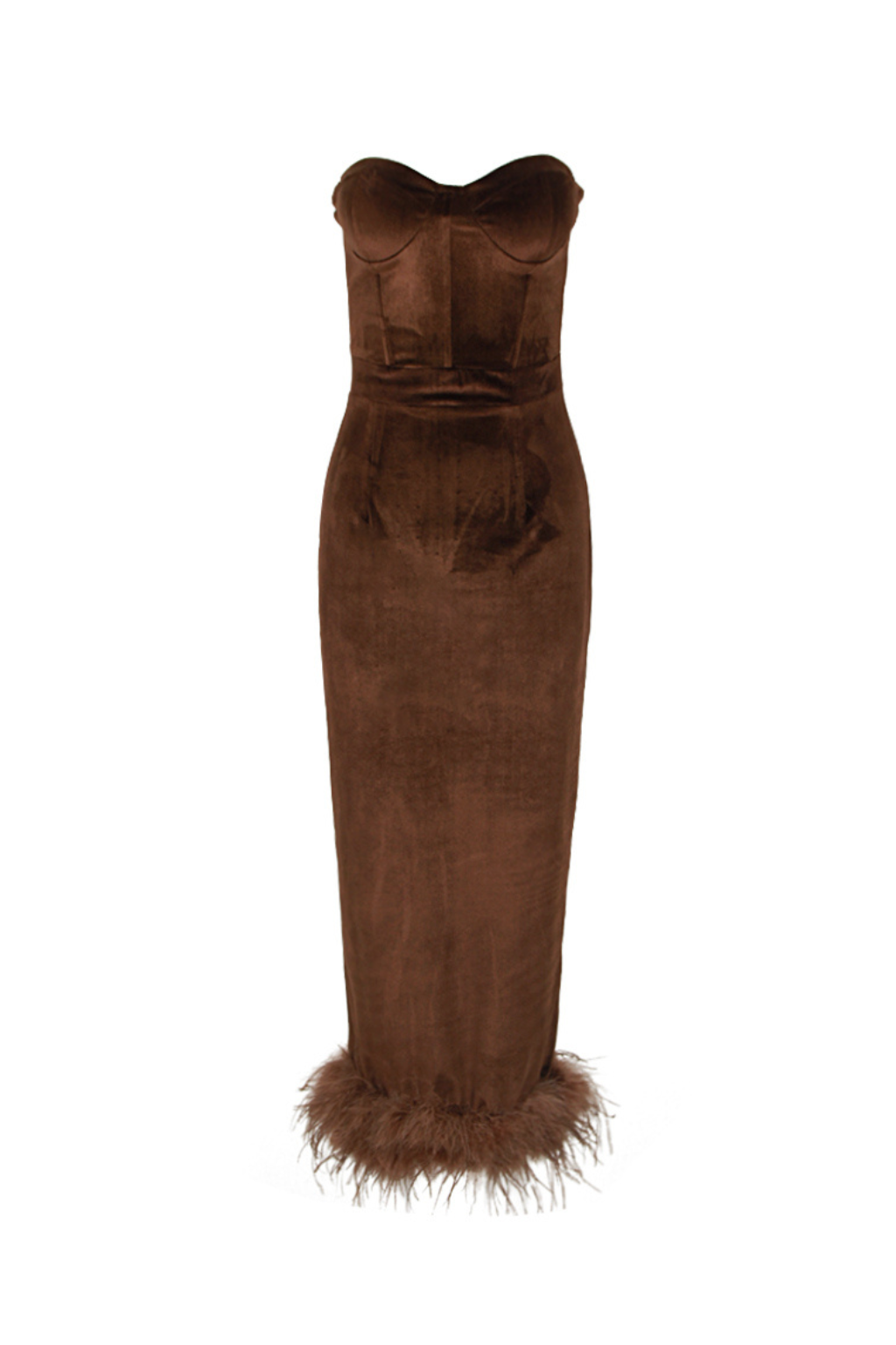 STRAPLESS BUSTIER FEATHER HEM MIDI VELVET DRESS BROWN