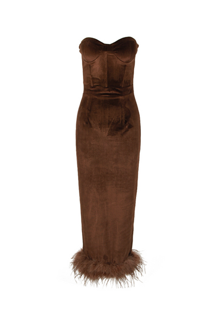 STRAPLESS BUSTIER FEATHER HEM MIDI VELVET DRESS BROWN