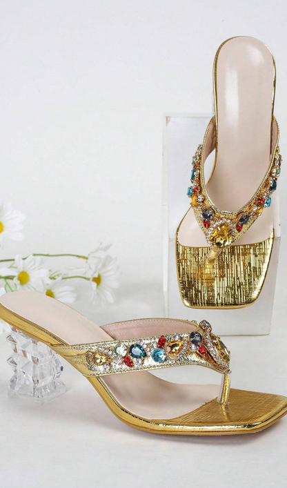 MULTICOLOR RHINESTONE DECOR STRAP STILETTO HEELS SANDALS