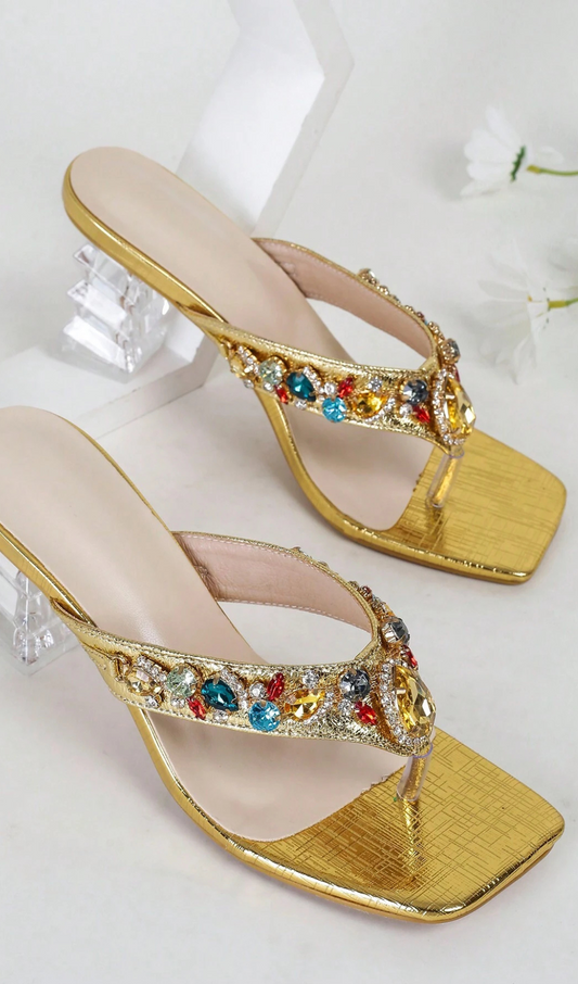 MULTICOLOR RHINESTONE DECOR STRAP STILETTO HEELS SANDALS