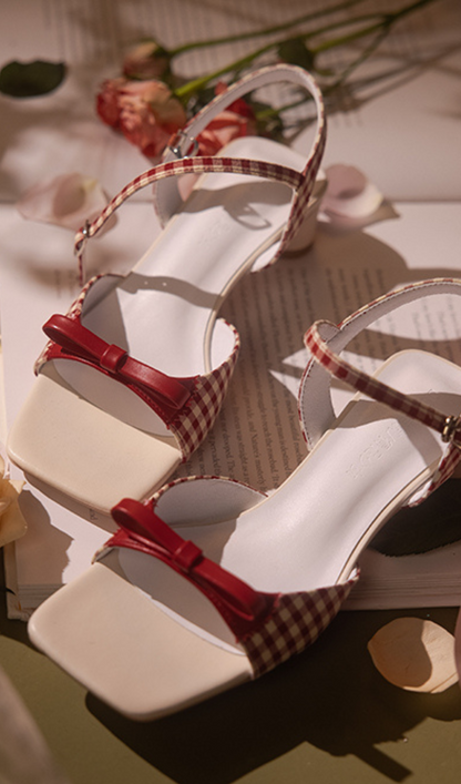 WHITE PLAID BOW STRAP SANDALS