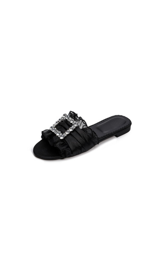 RHINESTONE SQUARE BUCKLE RUFFLE FLAT SANDALS