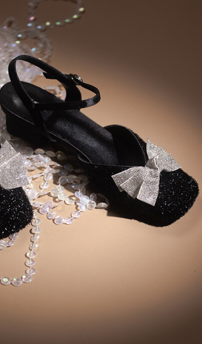 GLOSSY SILK DIAMOND BOW MARY JANE SHOES