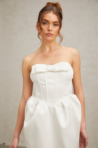josephine bow satin strapless maxi dress in white