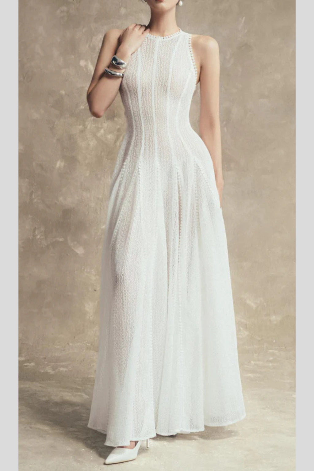 sleeveless lace crochet maxi dress in white