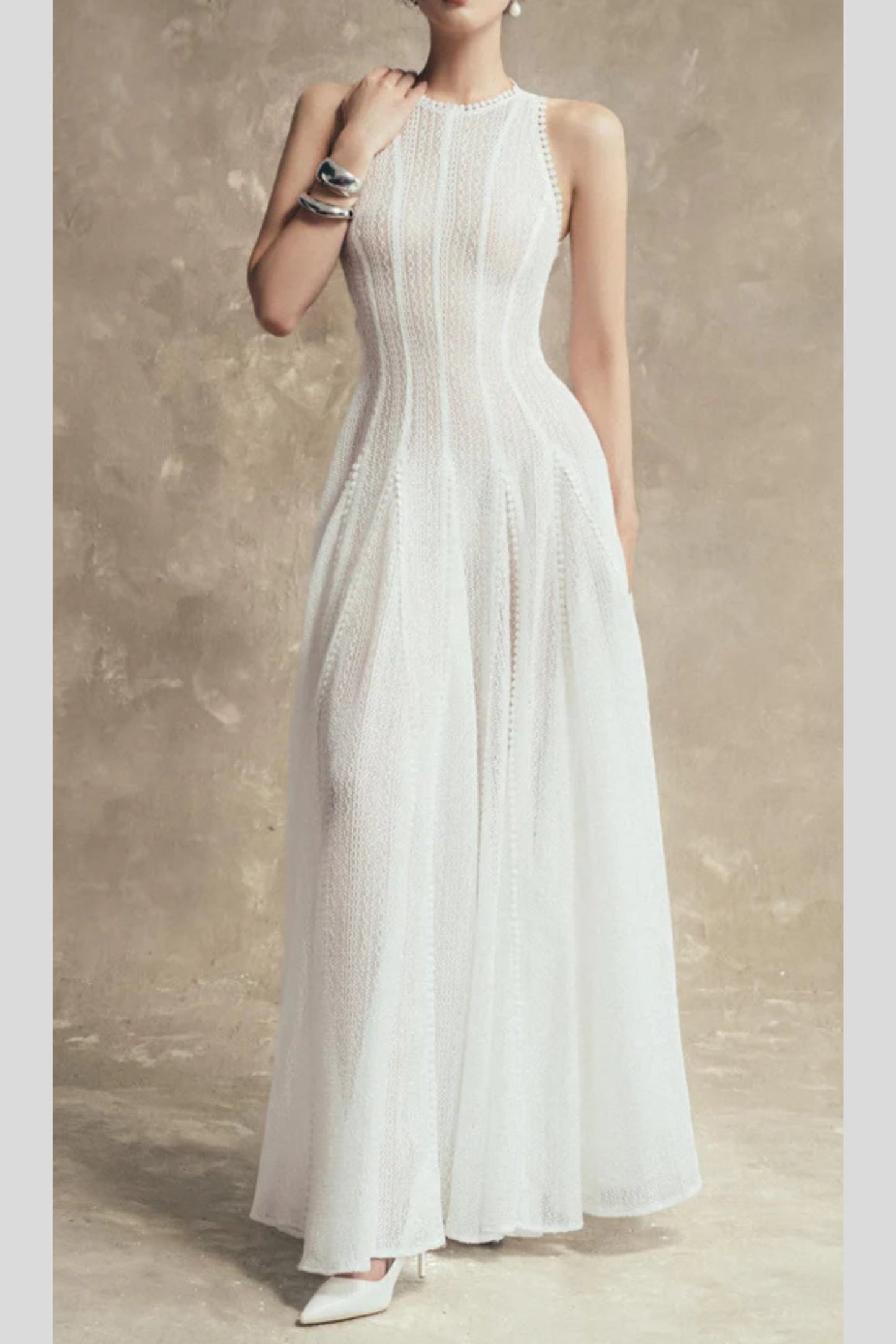 sleeveless lace crochet maxi dress in white