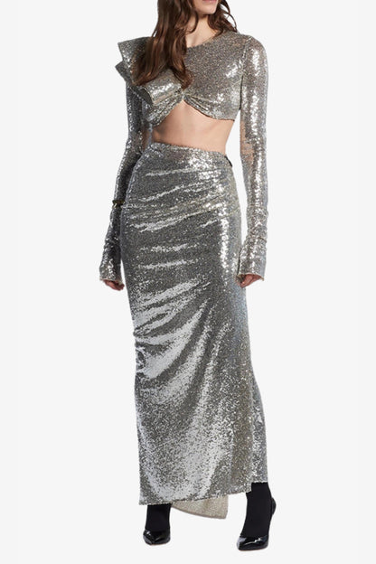 crop top drape skirt set in silver
