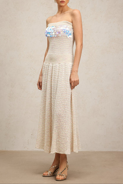 kimberley beige off-shoulder Sleeveless sequin jersey Maxi Dress