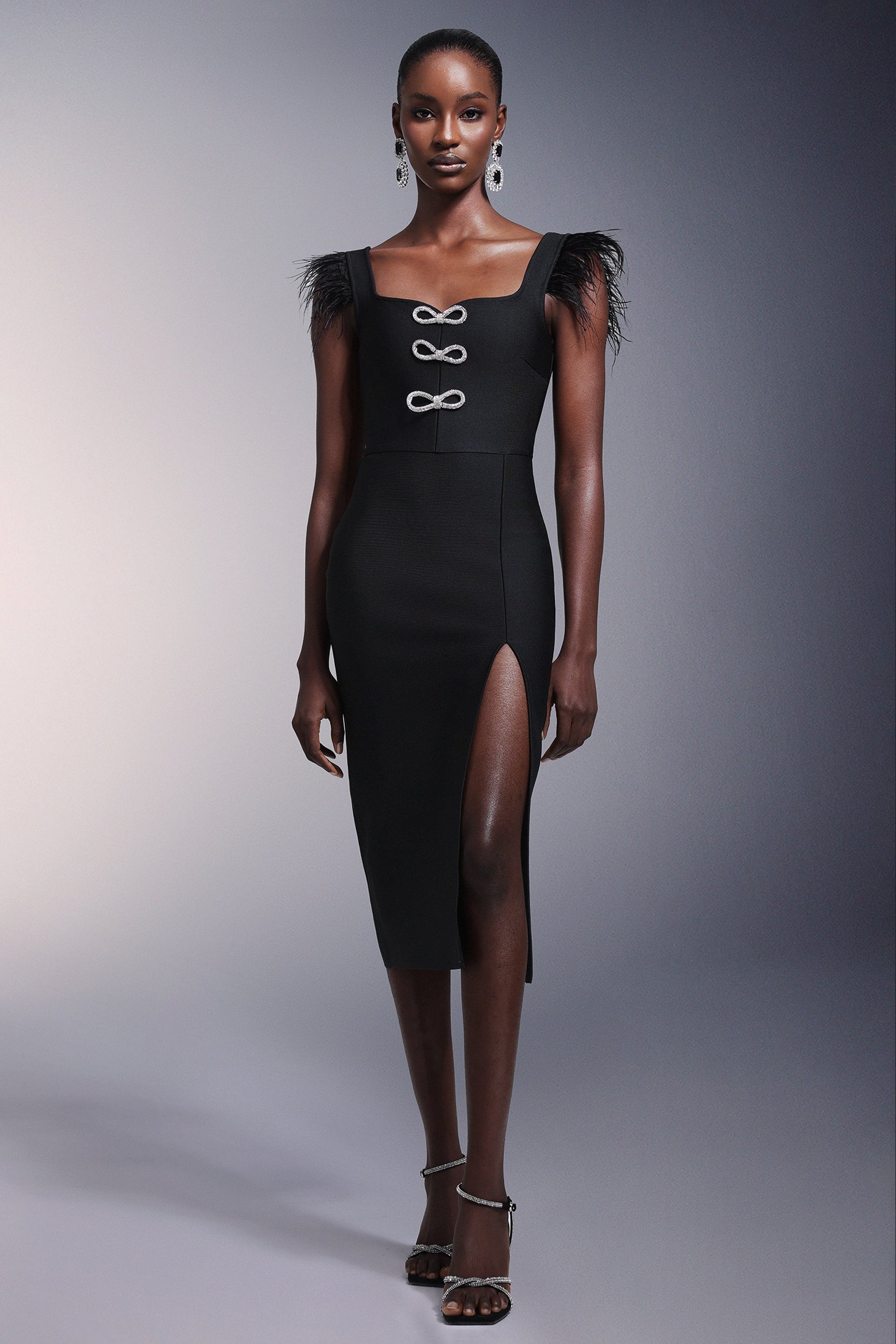 josephine Bows High Slit Diamond Bandage Midi Dress