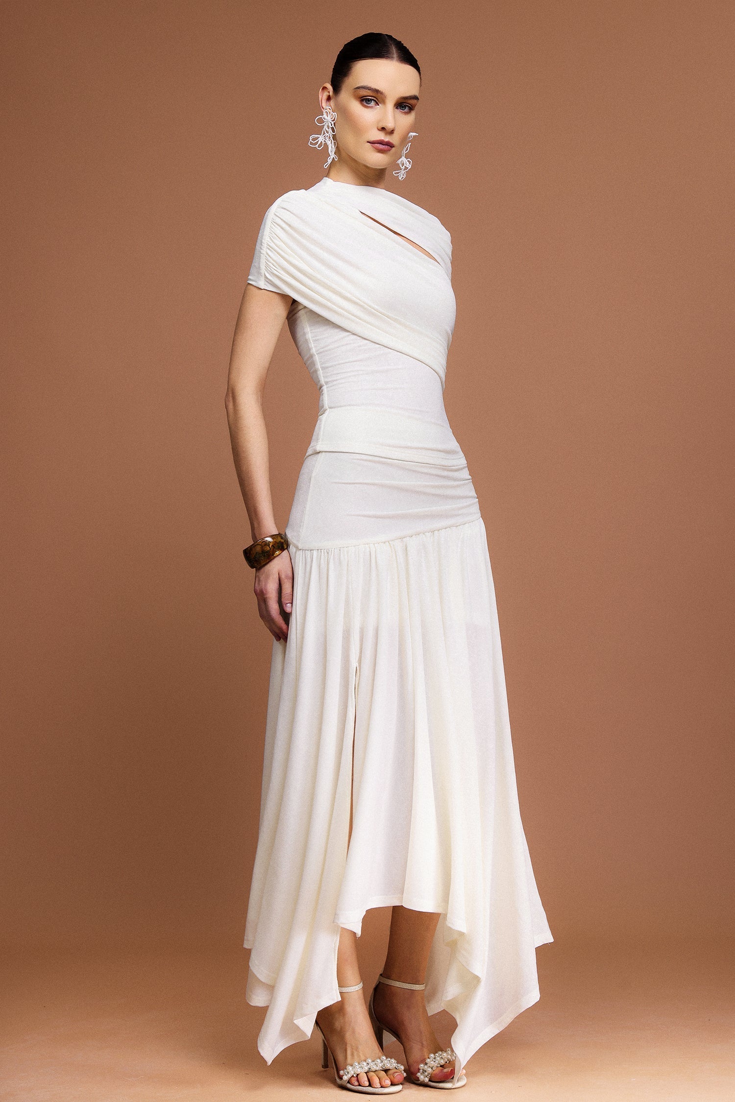 kristin Short Sleeves Asymmetric Folds Top And Skirt Two-Piece Set