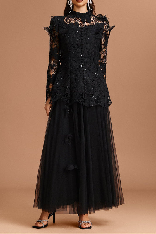 Yvette Black - Top e gonna a farfalla in pizzo con maniche lunghe e pieghe, set due pezzi