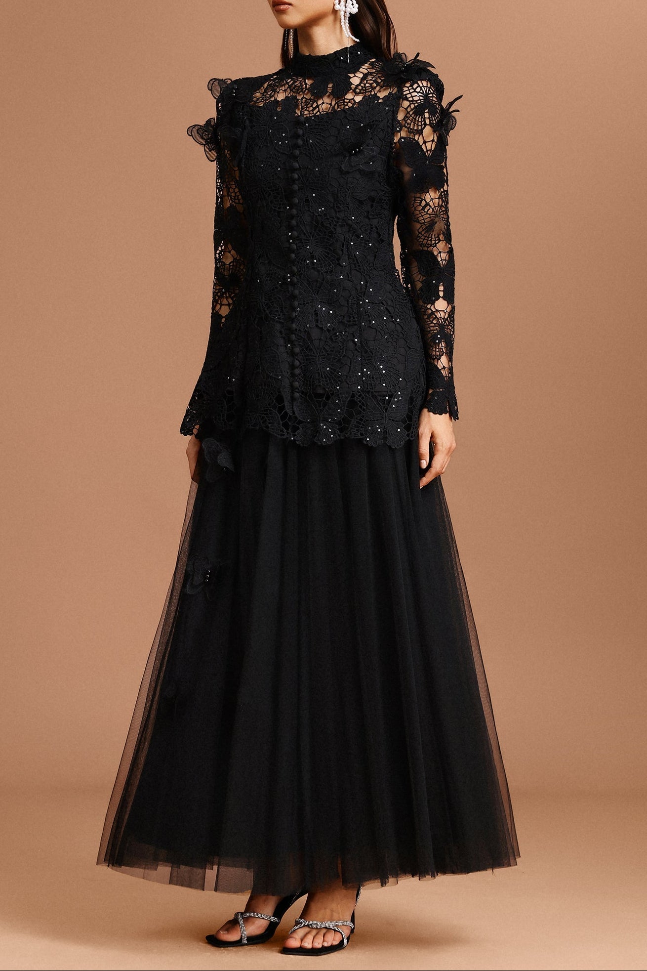 Yvette Black - Top e gonna a farfalla in pizzo con maniche lunghe e pieghe, set due pezzi