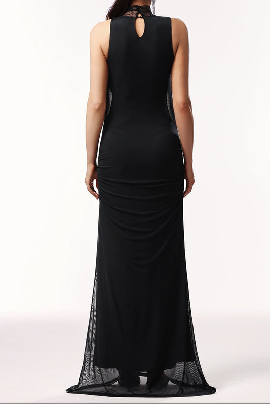 Guga Halter Sleeveless Lace Wrinkle Maxi Dress