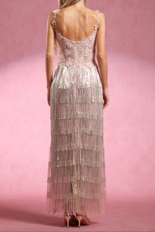 Opala Sleeveless Flowers Diamond Tassels Maxi Dress