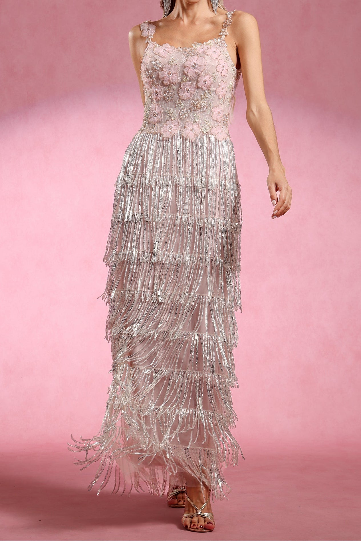 Opala Sleeveless Flowers Diamond Tassels Maxi Dress