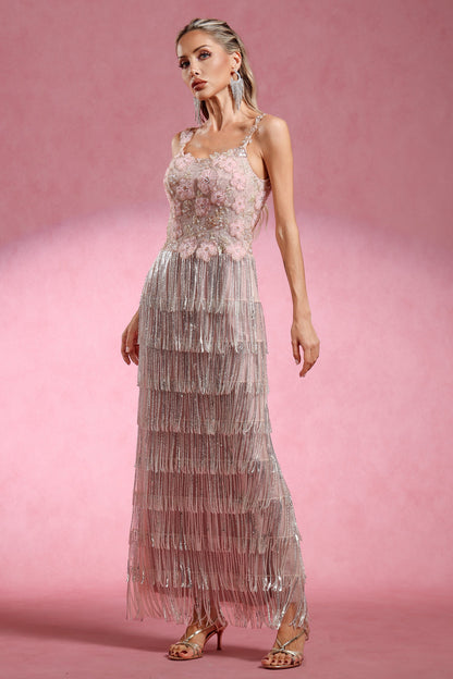 Opala Sleeveless Flowers Diamond Tassels Maxi Dress