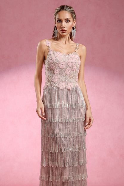 Opala Sleeveless Flowers Diamond Tassels Maxi Dress