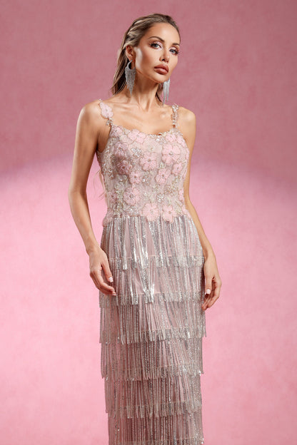 Opala Sleeveless Flowers Diamond Tassels Maxi Dress