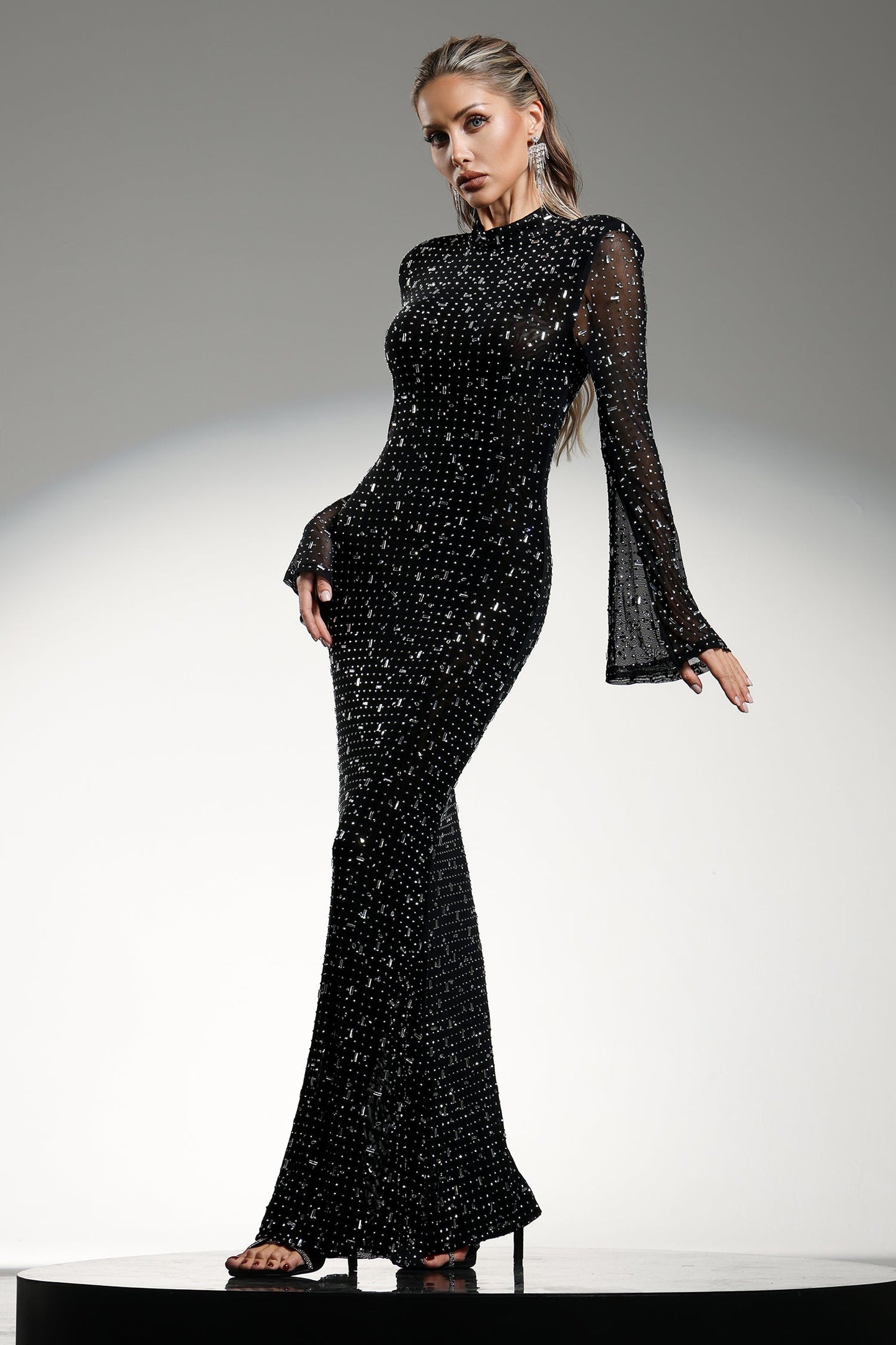 Gilian Long Sleeves High Neck Diamond Maxi Dress