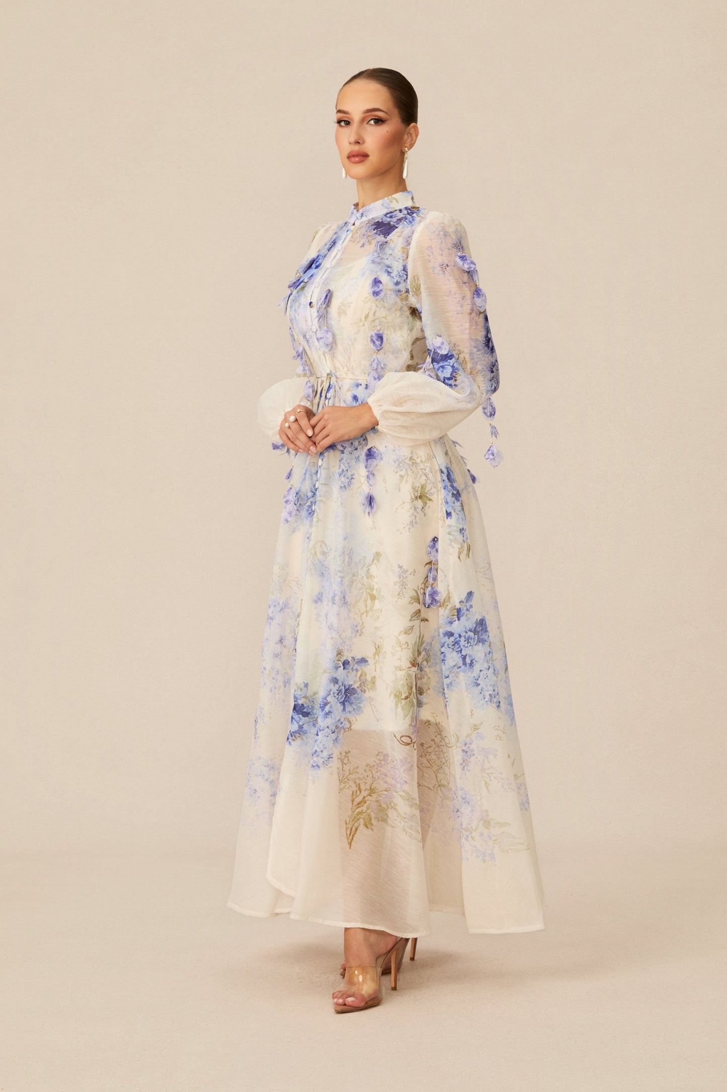 sandra Blue Floral Print puff sleeve Maxi Dress
