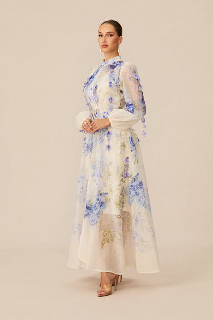 sandra Blue Floral Print puff sleeve Maxi Dress
