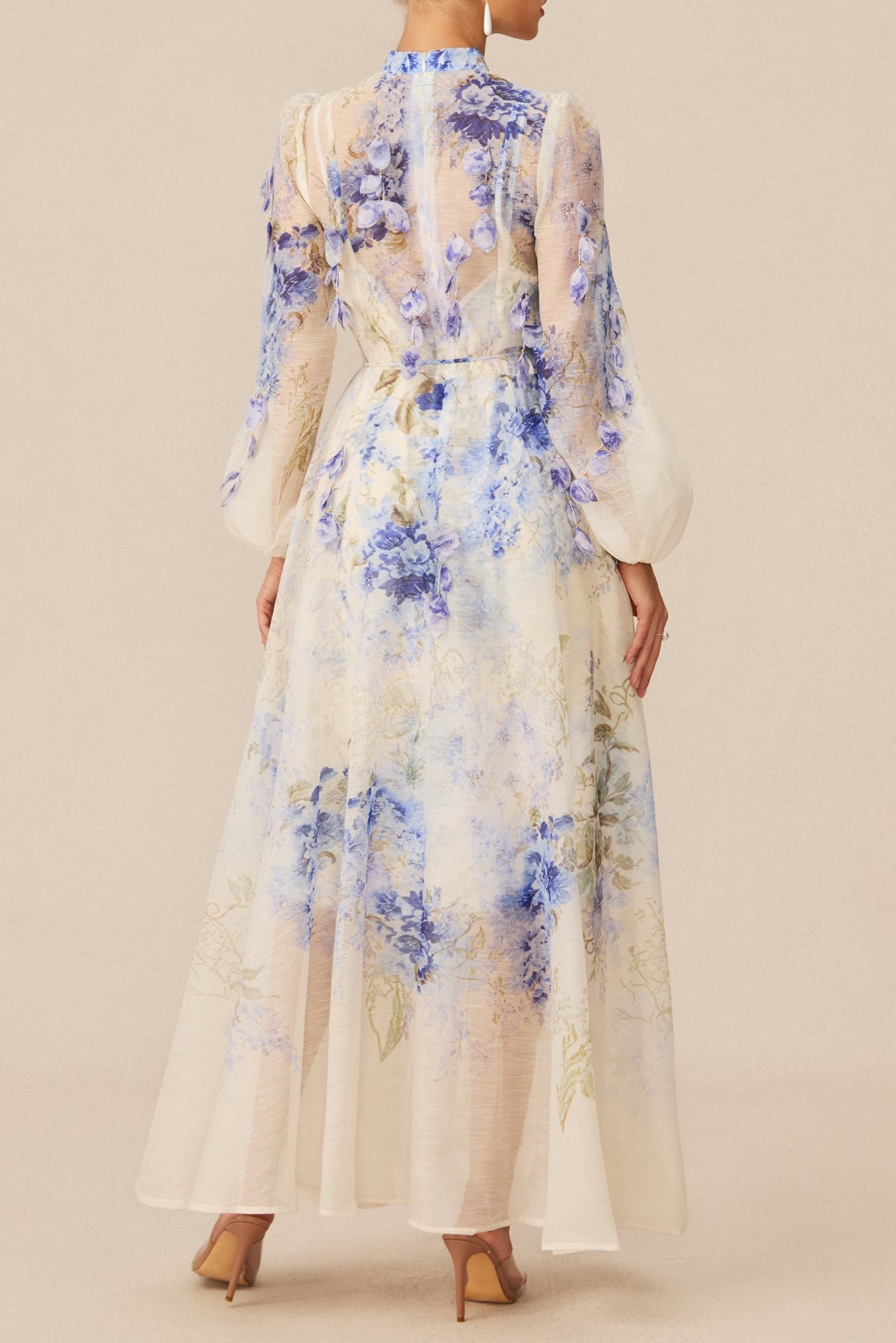 sandra Blue Floral Print puff sleeve Maxi Dress