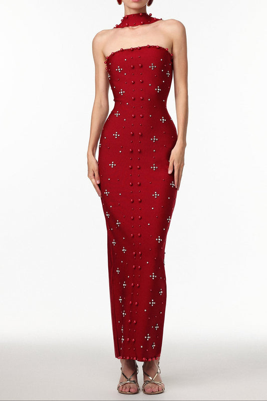 Nesya Sleeveless Pearl Wine Bandage Maxi Dress