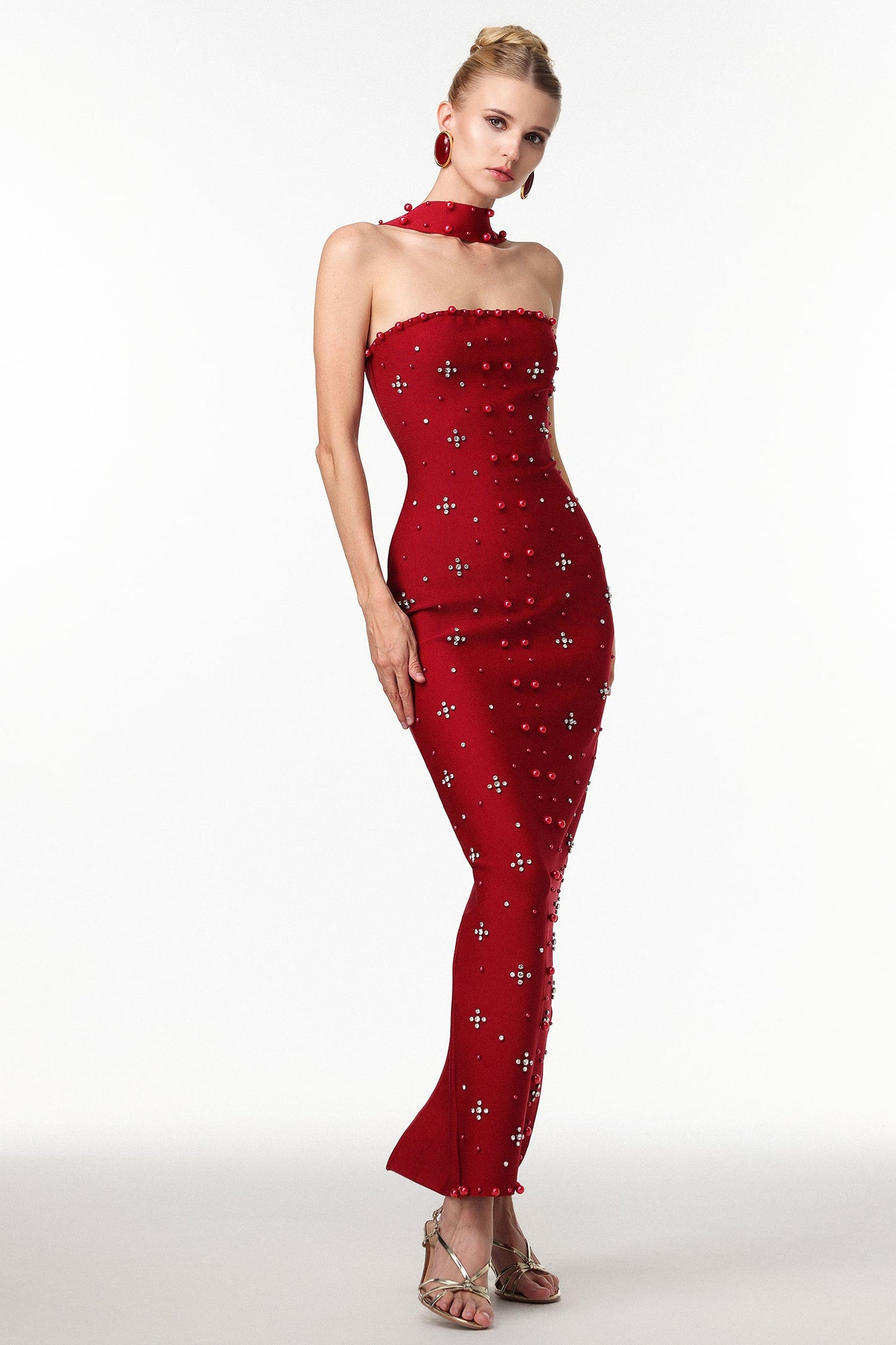 Nesya Sleeveless Pearl Wine Bandage Maxi Dress
