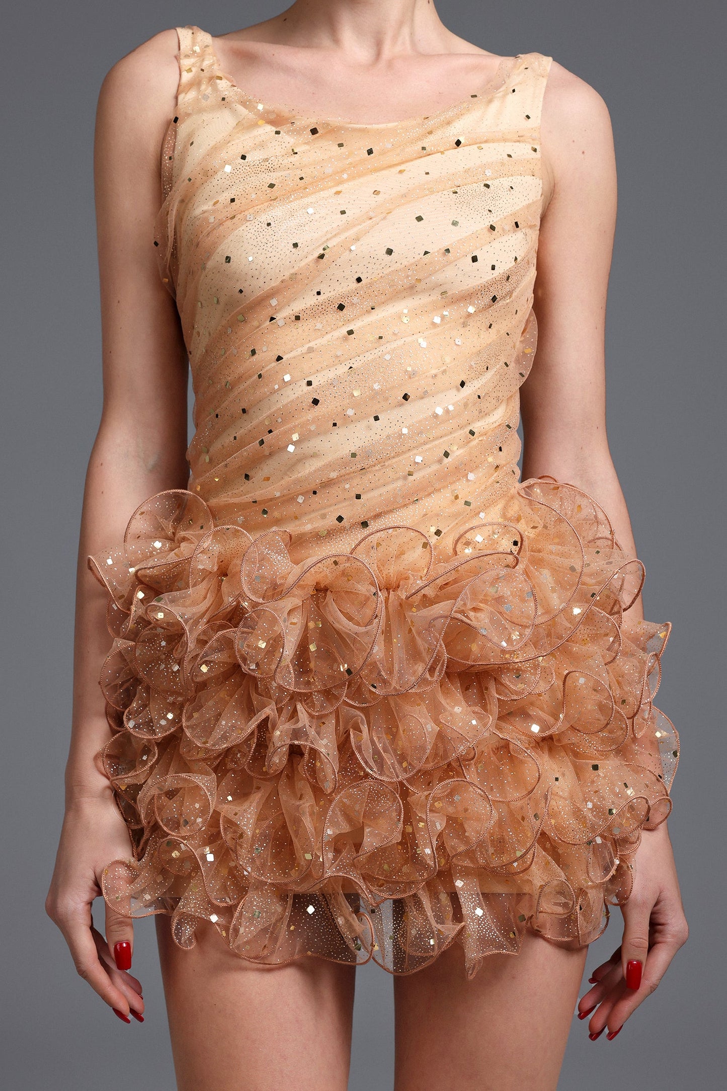 Veronic Romantic Embellished Sleeveless Ruffle Sequin Mini Dress